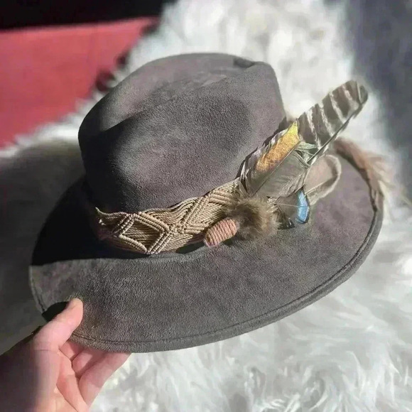 Custom Felt hat with plumes & macrame boho Tulum Suede Western Hat Widebrim main image 7